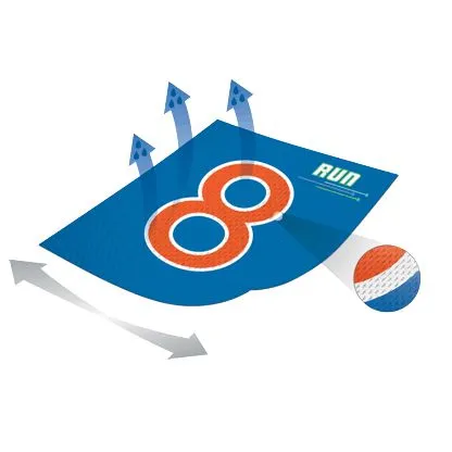 Une représentation graphique d'un maillot de sport bleu avec des éléments orange et le mot 'RUN', conçu pour des vêtements de course dynamiques.