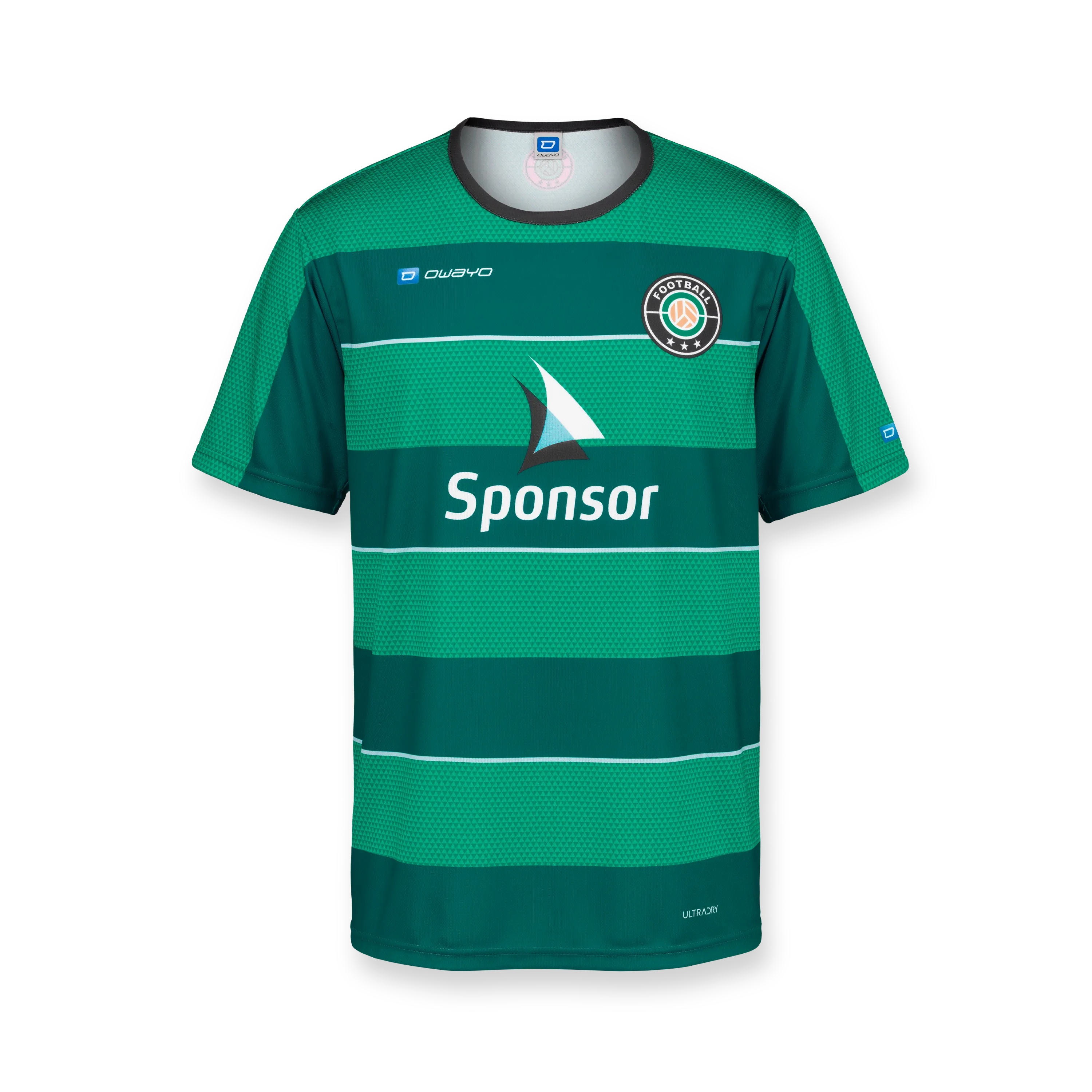 Maillot de football vert avec de larges rayures horizontales et un col rond, arborant un logo de sponsor sur le devant.