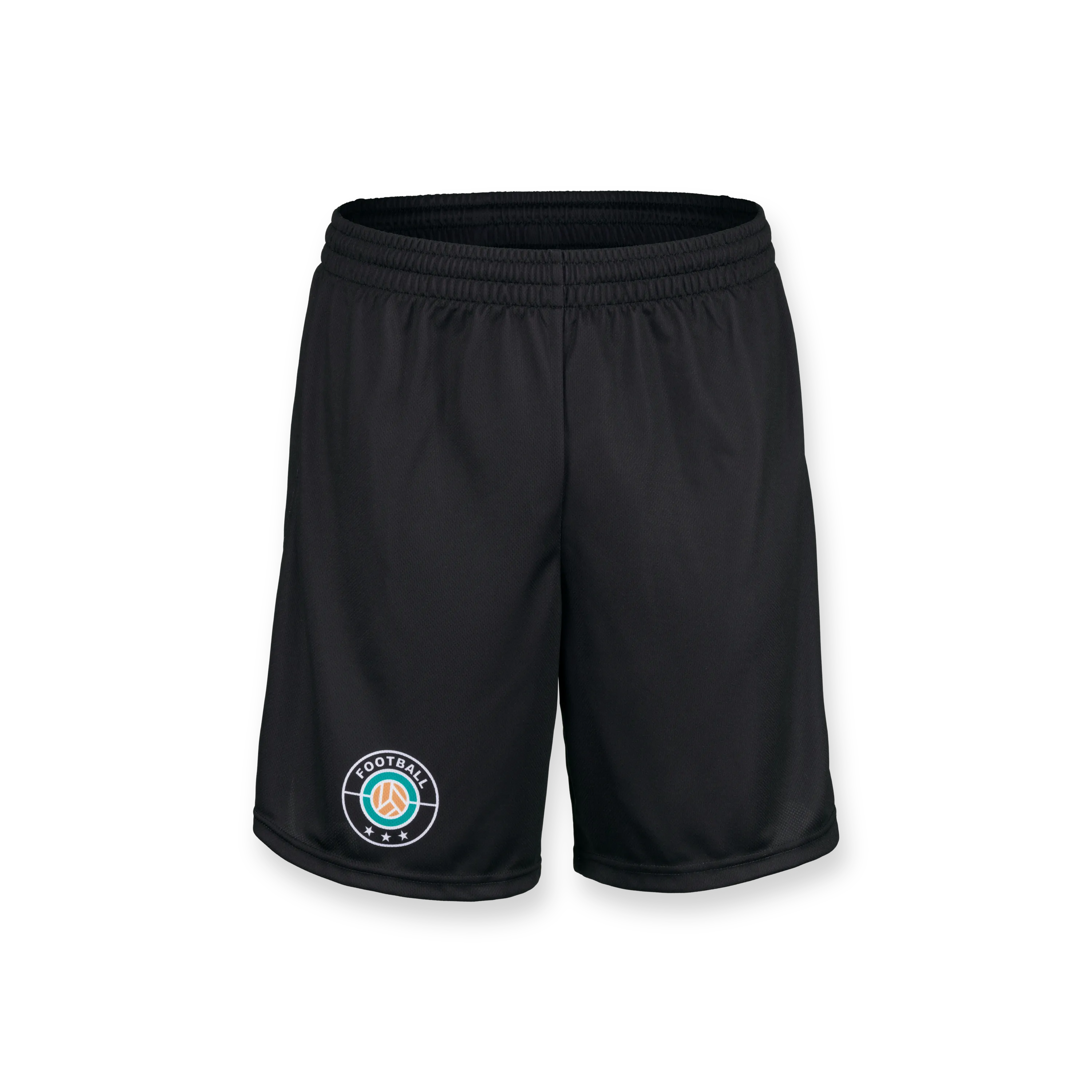 Shorts de sport noirs avec une taille élastique et un logo sur le côté gauche.