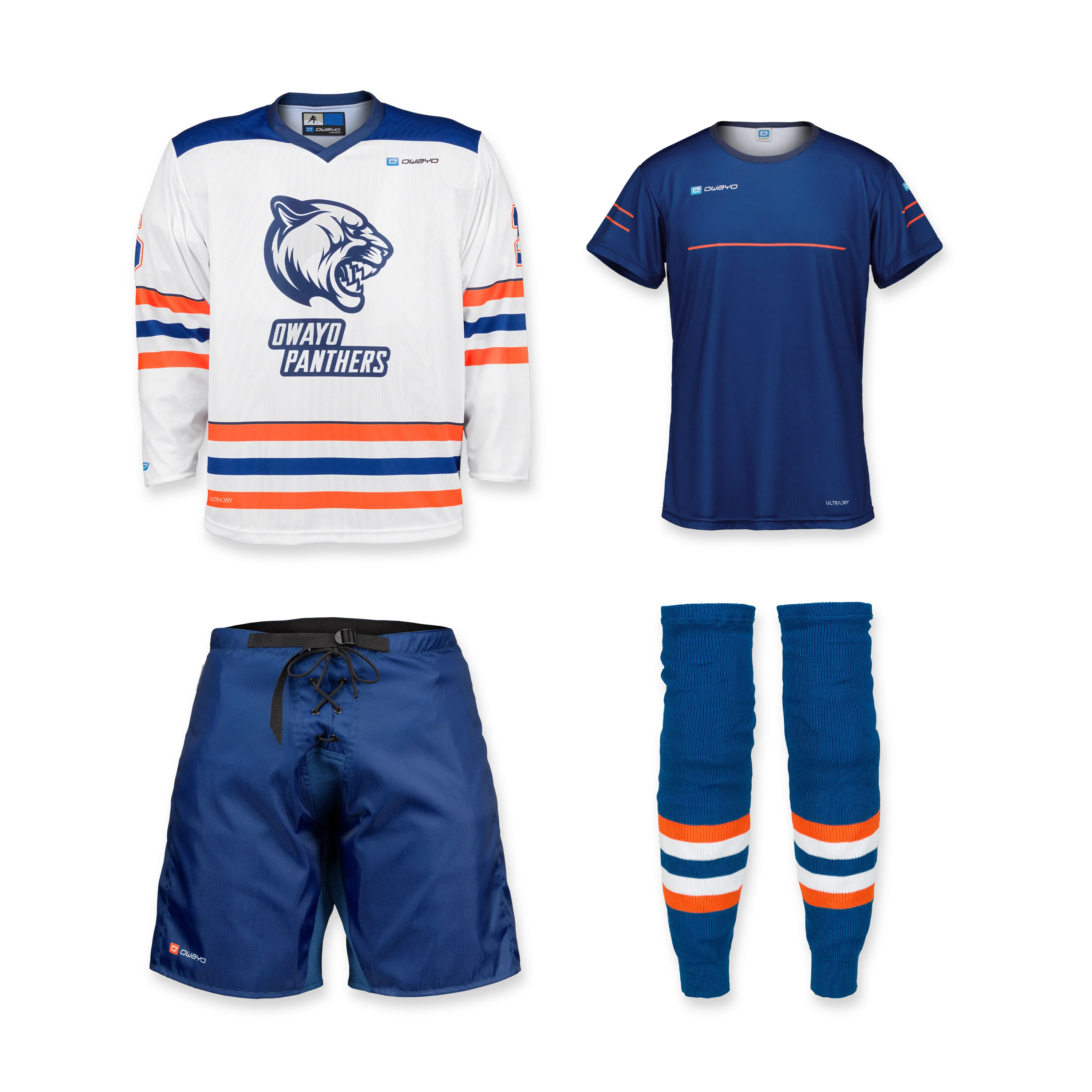 Un ensemble comprenant un maillot de hockey blanc avec un logo de panthère, un t-shirt de sport bleu, un short bleu et des chaussettes bleues avec des rayures orange et blanches.