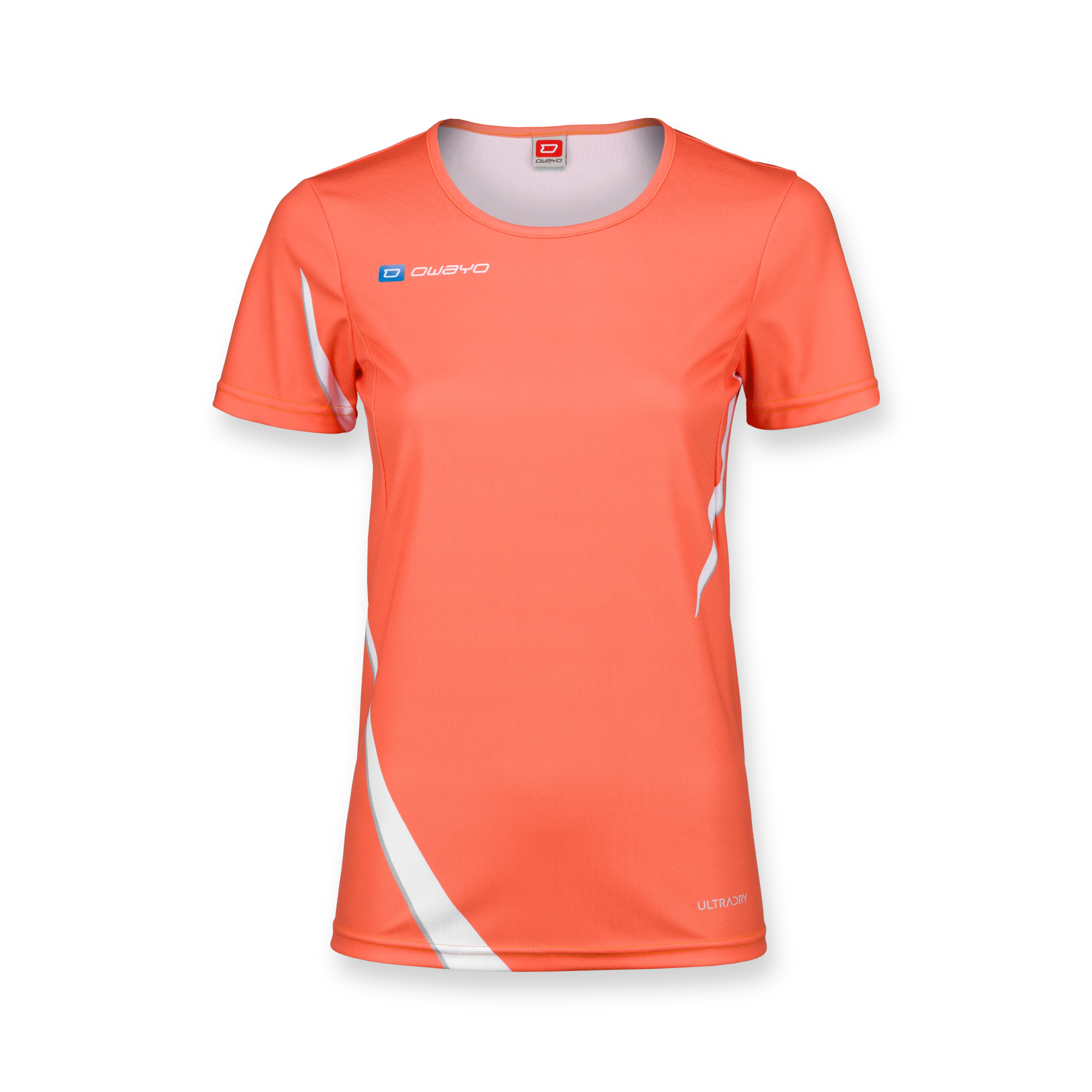 Un maillot de sport orange vif avec des accents blancs et un col rond.