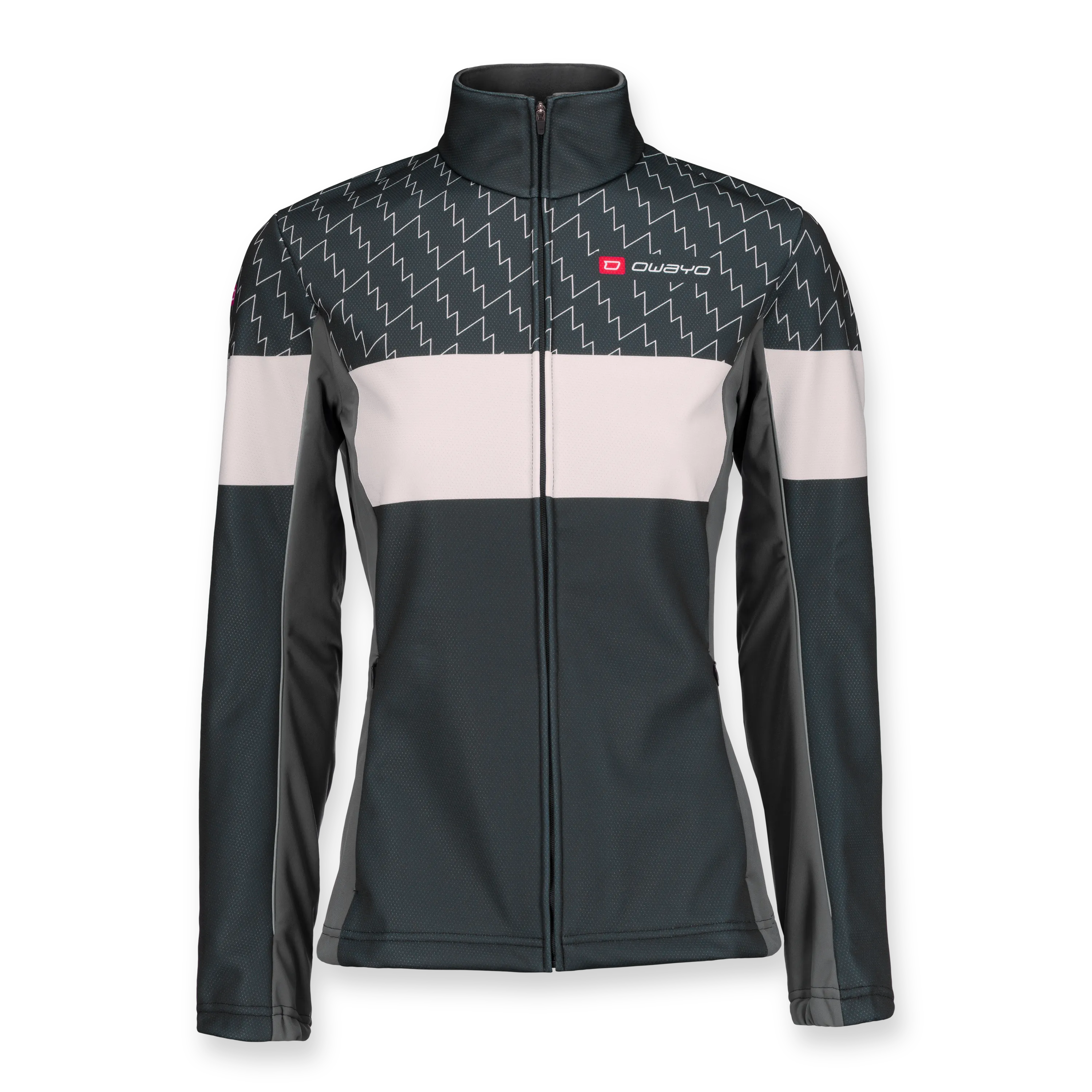 Une veste de sport pour femmes avec un design moderne en noir, blanc et gris, dotée d'un col haut et d'une fermeture éclair intégrale.