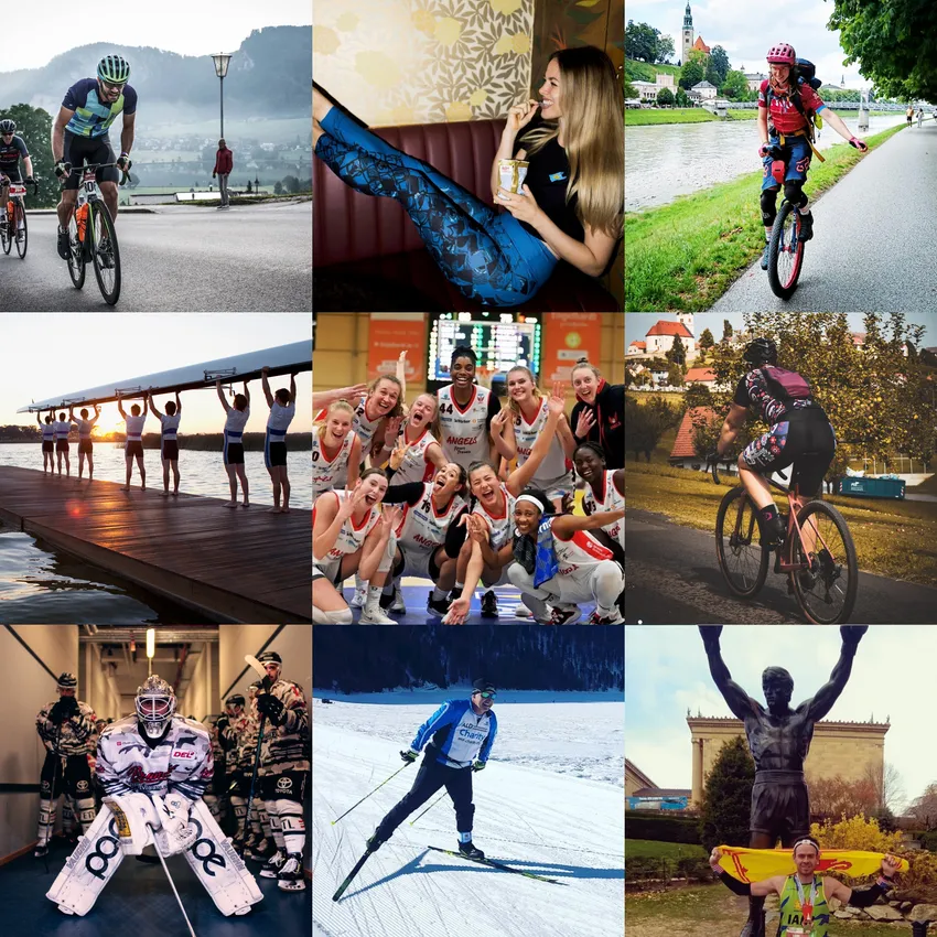 Une mosaïque de neuf images montre différentes personnes dans divers sports, notamment le cyclisme, le basket-ball, le ski de fond et le VTT, portant des vêtements de sport personnalisés d'owayo.