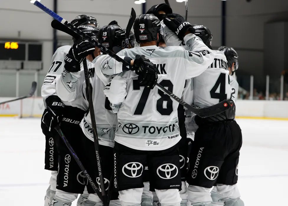Des joueurs de hockey sur glace en maillots blancs avec des accents noirs et le logo Toyota célèbrent sur la glace.