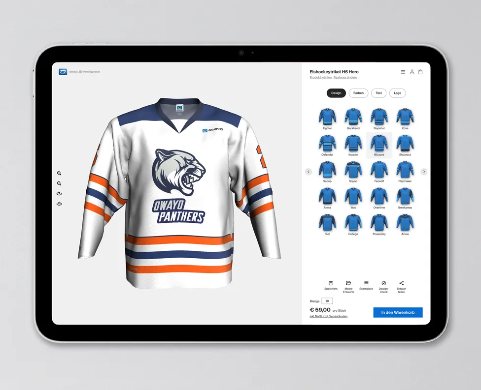 Une tablette affiche le configurateur 3D owayo avec un maillot de hockey blanc aux accents bleus et orange et un logo de panthère.
