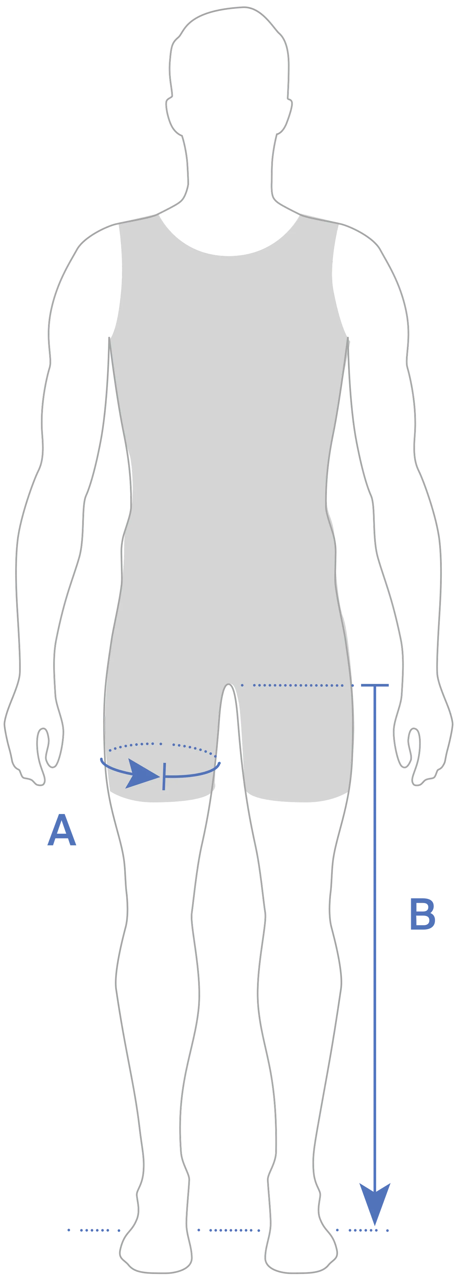 Une illustration schématique d'une personne en vêtements de sport avec des mesures de la longueur de la jambe et du tour de cuisse.