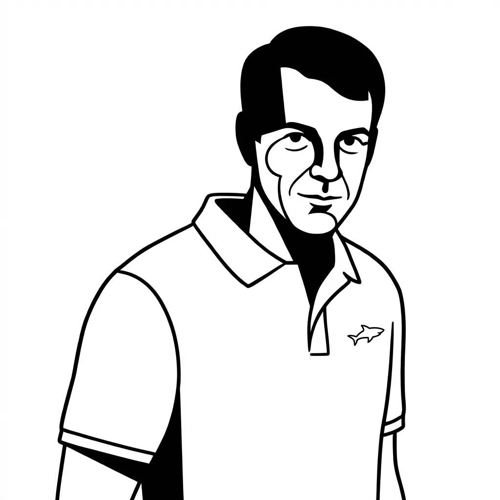 Une illustration en noir et blanc d'un homme portant un polo avec un logo de requin sur la poitrine.