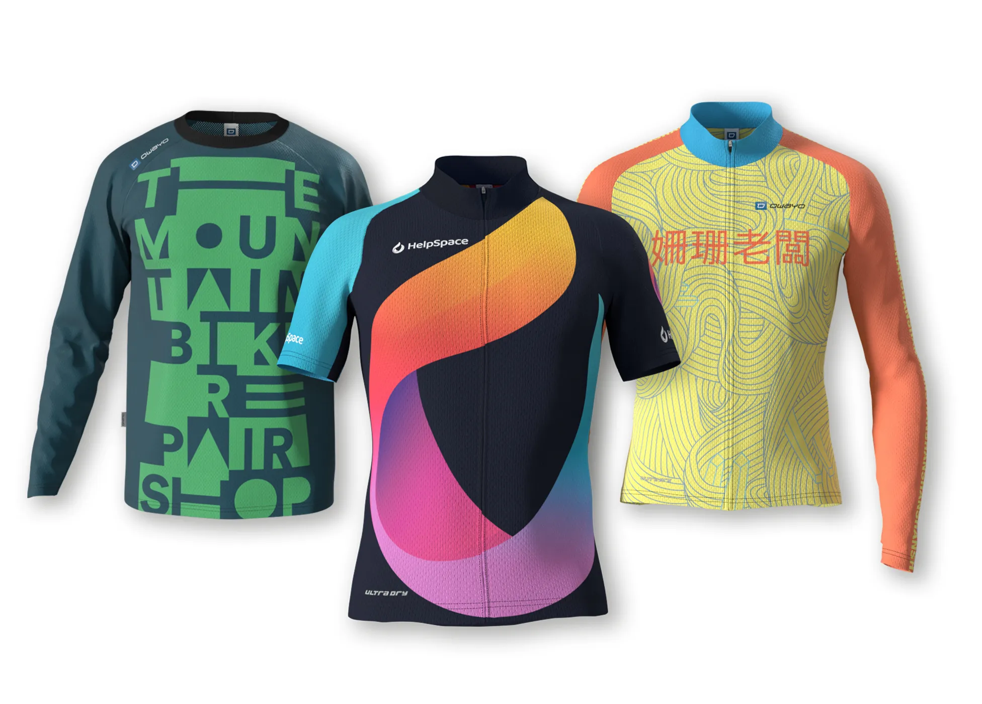 Trois vêtements de sport personnalisés d'owayo : un t-shirt à manches longues bleu foncé avec un motif vert 'MOUNTAIN BIKE REPAIR SHOP', un t-shirt à manches courtes bleu foncé avec un motif abstrait dégradé en orange, rose et violet, et un t-shirt à manches longues jaune avec un motif de lignes bleues et des caractères chinois.