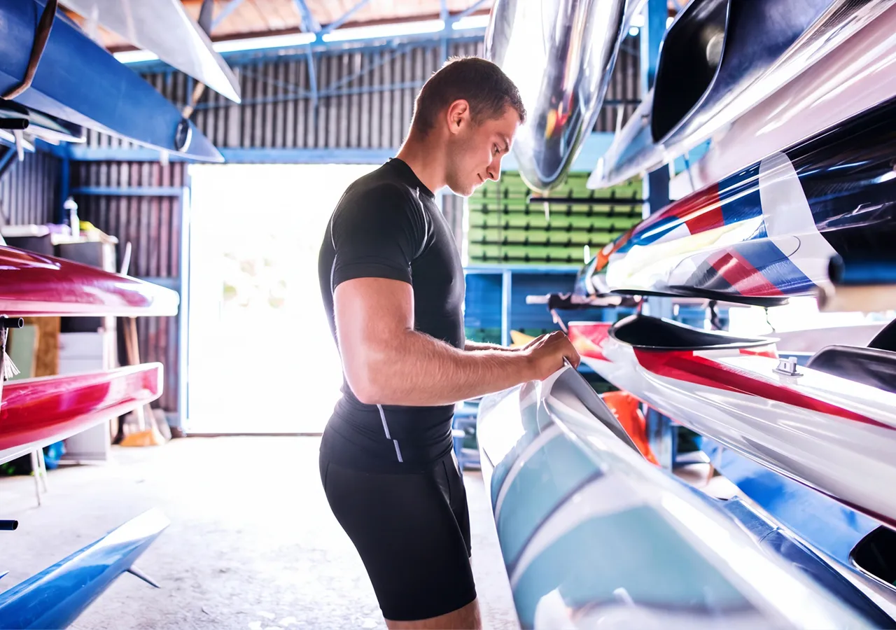 Un homme en t-shirt de sport noir ajusté et en shorts examinant un bateau d'aviron dans un espace de rangement.