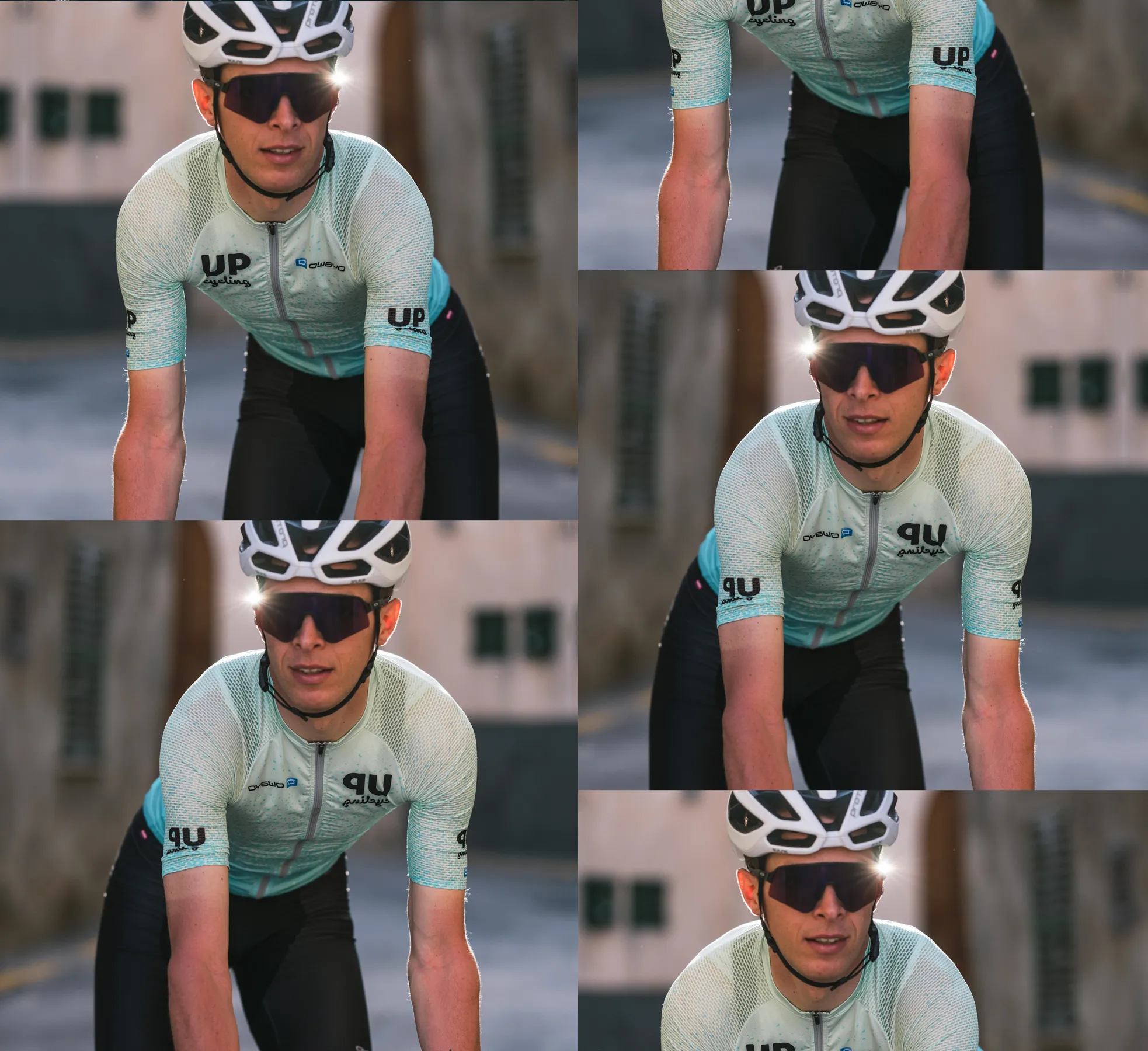 Un cycliste portant un maillot personnalisé bleu clair avec le logo 'UP cycling' et 'owayo' sur la poitrine, roulant dans la rue.